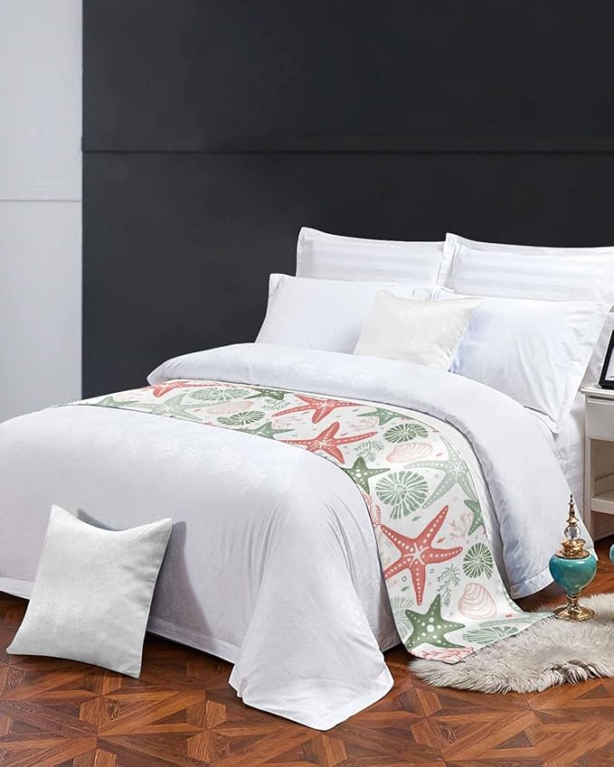 Green Orange Coral Bed Runner for Cal. King Size Bed, Bedspread Protector Slipcover Bed Scarf for Foot Bed Runners & Scarves for Bedroom Hotel 94x20 Spring Summer Coastal Starfish Beach Nautical Conch