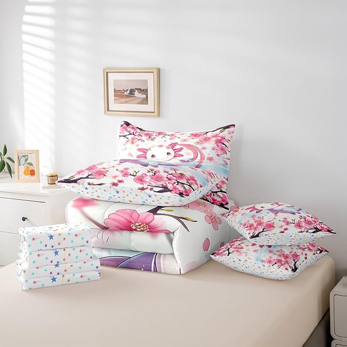 Feelyou Boys Girls Cute Axolotl 7 Pieces Bedding Sets King Size, Cartoon Salamander Bed in A Bag Ocean Sealife Comforter Set with Sheets Kids Kawaii Teens Bed Set Bedroom Decor