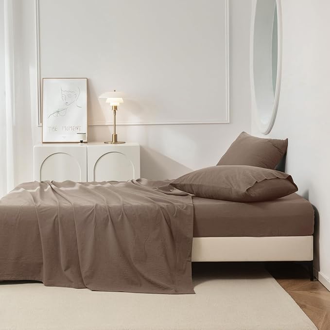 JIYUAN 100% Washed Cotton Sheet Set 4 Pieces Queen,1 Fitted Sheet,1 Flat Sheet and 2 Pillowcases,Comfy and Breathable Linen Like Bedding Set,Light Brown