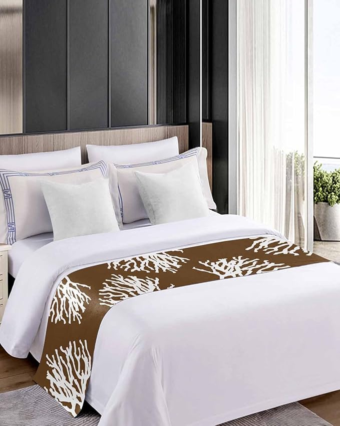 Coral Brown Bed Runner Scarf for Twin Size Bed Foot,Decorative Bedding Accessory Stainproof & Dustproof Soft Protector For Bedroom Hotel Wedding Room White Coastal Ocean Marine Nautical Beach 71"x20"