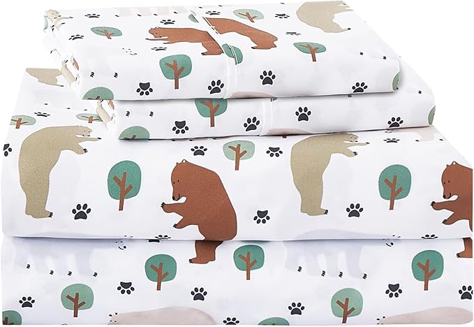 Kids Sheet Set Full Size, Full Sheet Set with Forest Bear Pattern，Breathable Silky Soft Microfiber Kids Fitted Sheet