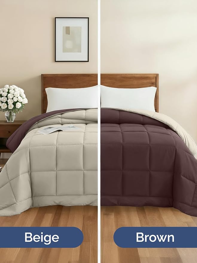 Queen Size, Brown/Beige Alternative Down Comforter - Warm, Lightweight & Breathable Hotel Quality Bedding for Men, Women, Kids & Teens - All Season Oversized Cooling Microfiber Duvet Insert Comforter