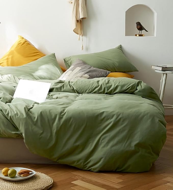 LifeTB Avocado Green Duvet Cover Full Size Soft Jersey Knit Cotton Duvet Cover 3 Pieces Solid Color Home Bedding Set Full Farmhouse Green Comforter Cover with Zipper Closure & Corner Ties