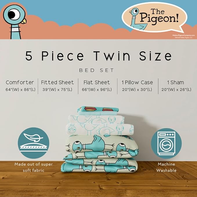The Pigeon Finds A Hot Dog Twin Bedding Set – 5 Piece Super Soft Microfiber Reversible Comforter, Sheet Set & Sham - Book by Mo Willems (Officially Licensed Product) by Franco