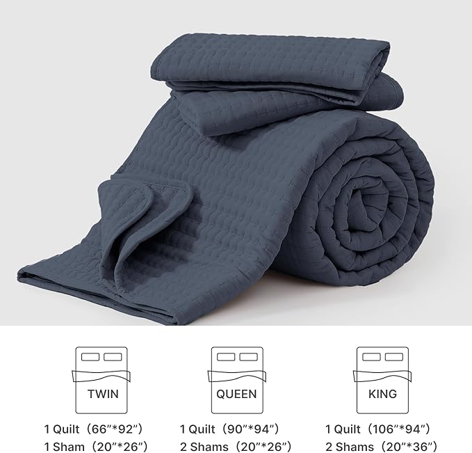 WRENSONGE King Size Quilt-3 Pieces Lightweight Blue Grey Bedspreads King Quilt Bedding Set for All Seasons, Soft Summer Coverlet with 2 Pillow Shams Suitable for Bed, Couch, Quilt Blanket