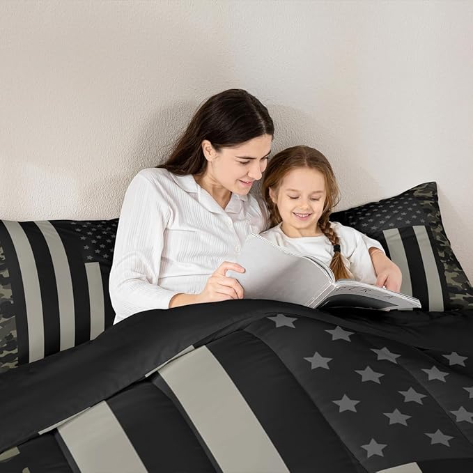 American Flag Comforter Set Queen Military Camo Down Comforter,Retro Army Green Camouflage USA Flag Bedding Set For Kids Boys Teens Men Bedroom,Black Grey Stars Stripes Quilt Duvet Set 2 Pillow Cases