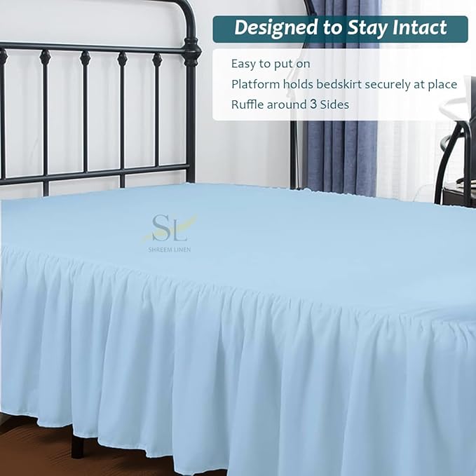 Shreem Linen Ruffled Bed Skirt with Split Corners, Gathered Style, 100% Microfiber, 12-Inch Drop, Dust Ruffle Bedskirt with Platform, Full-XXL, Light Blue
