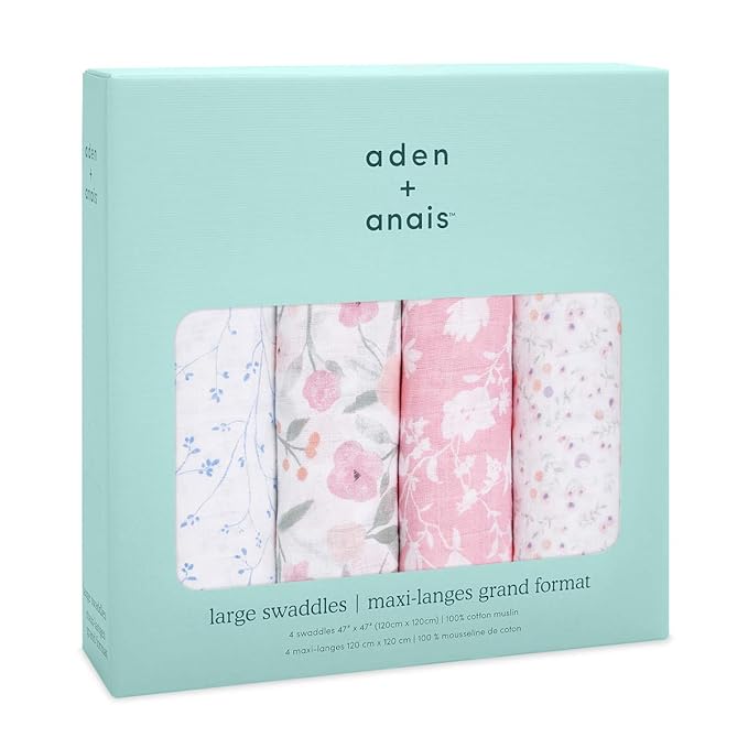 aden + anais Boutique Muslin Swaddle Blanket for Baby Girls and Boys, Newborn Receiving Blanket for Swaddling, 100% Muslin Cotton Swaddle Wrap, 4 Pack, Mon Fleur