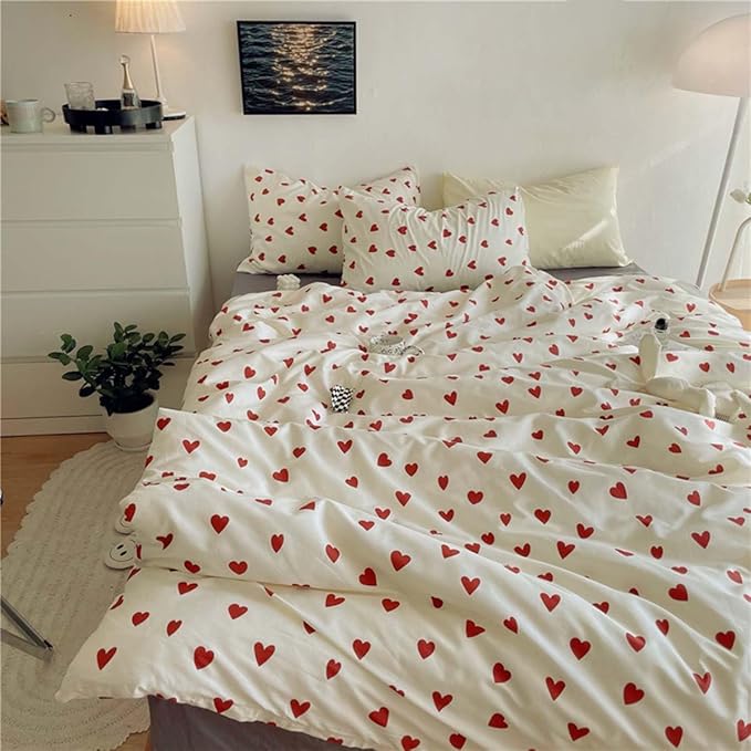 Nayoroom Heart Duvet Cover Queen Size Cute Red Love Heart Printed on White Bedding Set 3Pcs Kids Girls Kawaii Heart-Shaped Pattern Comforter Cover with Zipper Closure Soft Breathable Microfiber