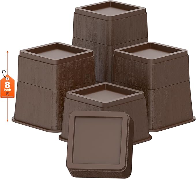 Adjustable Bed Risers,Elevation in 3, 5 or 8 Inch Heavy Duty Risers,Oversized Fit Up to 5.5" Legs, Stackable Bed Raising Blocks for Couches, Tables, Desks (Brown, 8 inch-4 Pack)