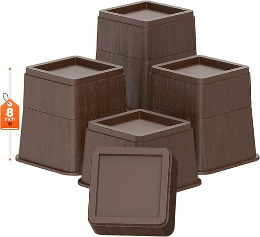 Adjustable Bed Risers,Elevation in 3, 5 or 8 Inch Heavy Duty Risers,Oversized Fit Up to 5.5" Legs, Stackable Bed Raising Blocks for Couches, Tables, Desks (Brown, 8 inch-4 Pack)