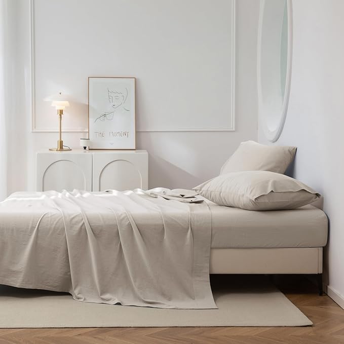 JIYUAN 100% Washed Cotton Sheet Set 3 Pieces Twin,1 Fitted Sheet,1 Flat Sheet and 1 Pillowcase, Comfy and Breathable Linen Like Bedding Set,Heathered Cream Grey