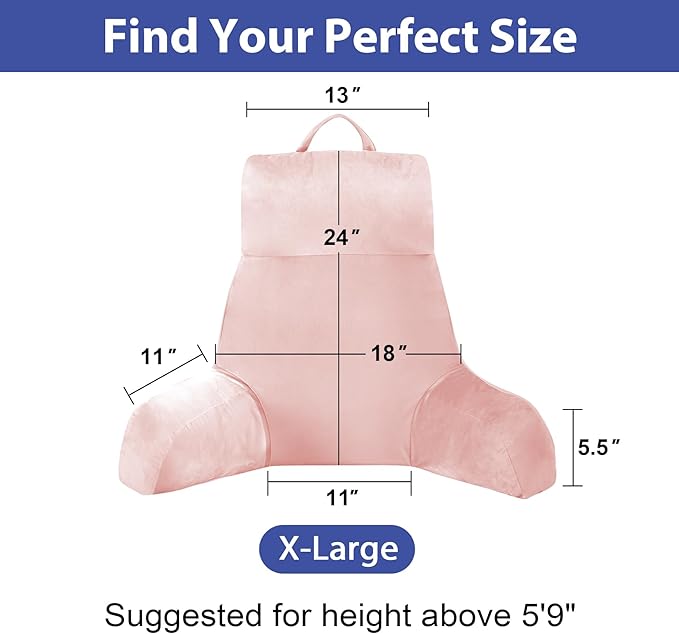 Back Pillow for Bed Sitting up, Reading Pillow for Sitting in Bed Adult, Back Support Pillow, Memory Foam Sit up Lounge Backrest Pillow with Arms for TV, Couch, Chair, Dorm, 24 Inch, Pink