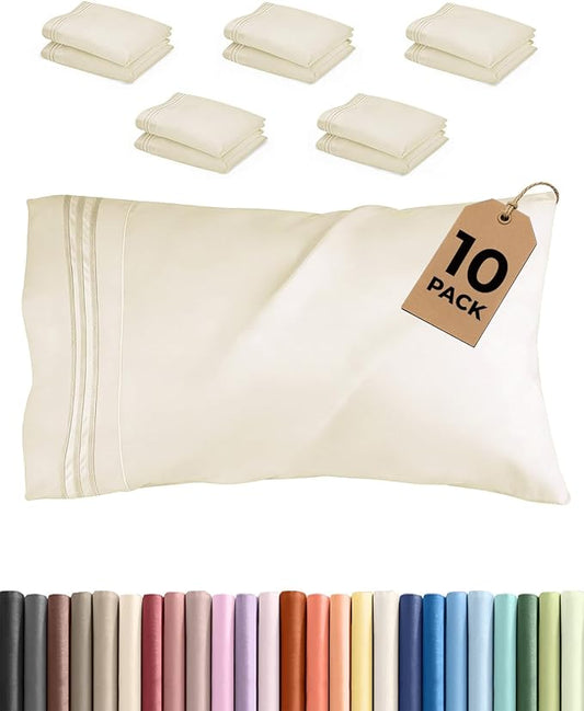 King Pillow Cases Set of 10 - Ultra Soft Hotel Quality Pillowcase Covers - Comfy. Cozy & Wrinkle Free - Shrink, Stain and Fade Resistant - Machine Washable Pillow Protectors - 10 Piece Set - Off White