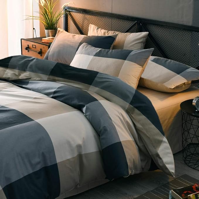 LifeTB Cotton Plaid Duvet Cover Twin XL Geometric Grid Checkered Bedding Sets Modern Style 3 Piece Plaid Comforter Cover for Men Women Cotton Grid Duvet Cover Twin XL Bedding Sets with Zipper Ties