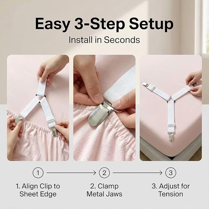 Bed Sheet Straps - Adjustable Sheet Suspenders for Queen King Twin Mattress, Elastic Mattress Straps for Sheets with Metal Clips, 4PCS Triangle Sheet Fasteners (White)