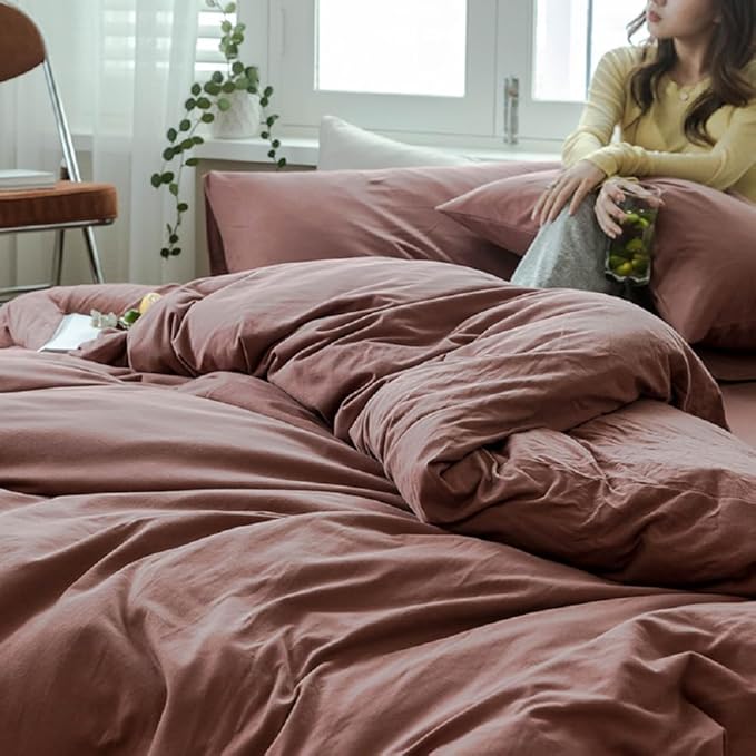 LifeTB Brick Red Duvet Cover Full Size Soft Jersey Knit Cotton Bedding Set Minimalist Clay Rust Red Comforter Cover 3 Pieces Solid Color Bedding Set Knitted Cotton Duvet Cover with 2 Pillowcases