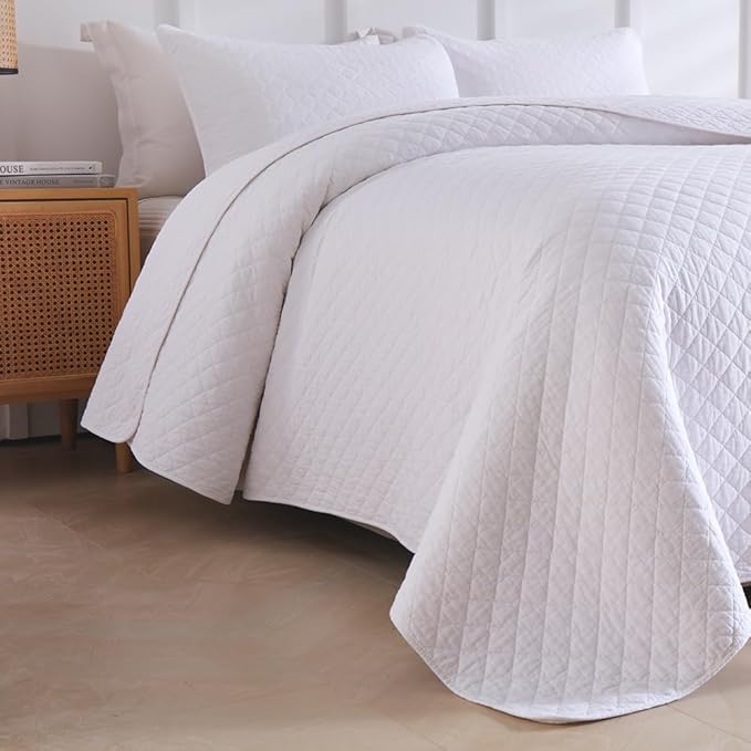 Cotton Quilt Bedding Sets Queen Size, 3 Pieces Reversible Lightweight Coverlets Comforters Bedspreads for All Seasons,Geometric Stitching Pattern,White