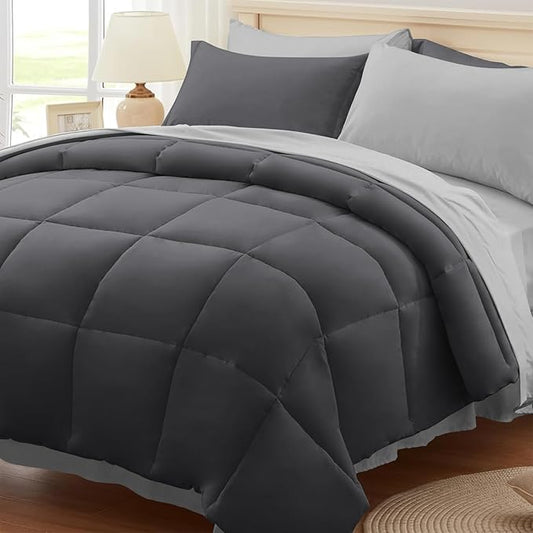 Anluoer King Size Bed in a Bag 7 Pieces, Grey Comforter Set with Sheets, All Season Bedding Sets with 1 Comforter, 2 Pillow Shams, 2 Pillowcases, 1 Flat Sheet, 1 Fitted Sheet