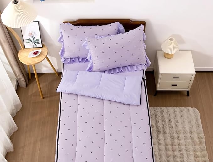 Meeting Story 3pcs Kids Comforter Set Zip up Bedding Set for Girls,Twin Kid Bedding Set Bow Comforter Set for Kid,All in one Zipper Bedding（Lightpurple,Twin）