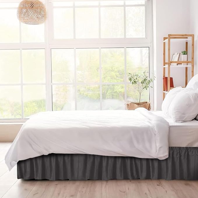 Wrap Around Dust Ruffle Bed Skirt - Charcoal - for King Size Beds w/ 15 Inch Drop - Easy Fit Elastic Strap - Adjustable Pleated Bedskirt w/Brushed Fabric - Wrinkle Free - for Women, Men, Kids & Teens