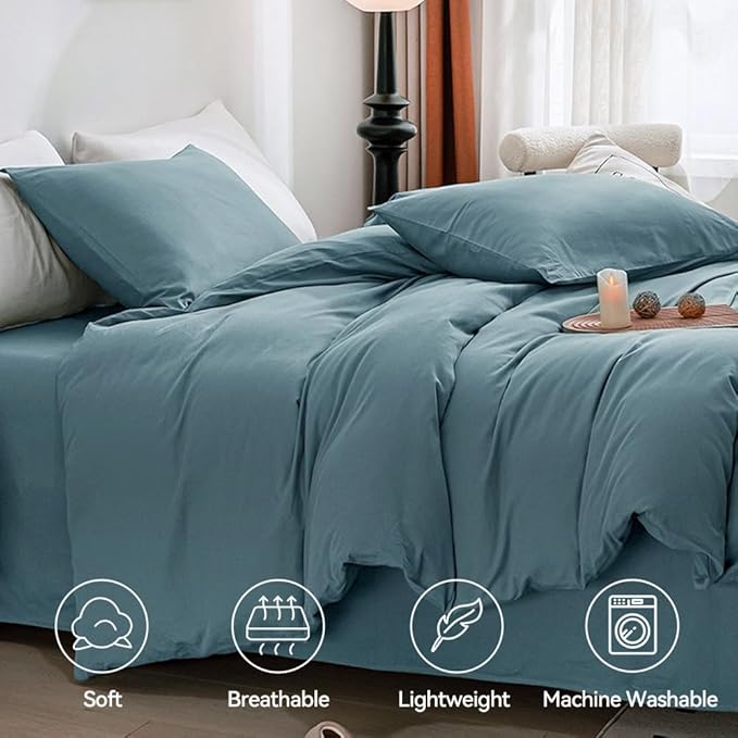 JELLYMONI Cotton Duvet Cover Queen Size - 100% Washed Cotton Linen Like Textured Comforter Cover, 3 Pieces Breathable Soft Bedding Set with Zipper Closure (Grayish Blue, Queen 90"x90")