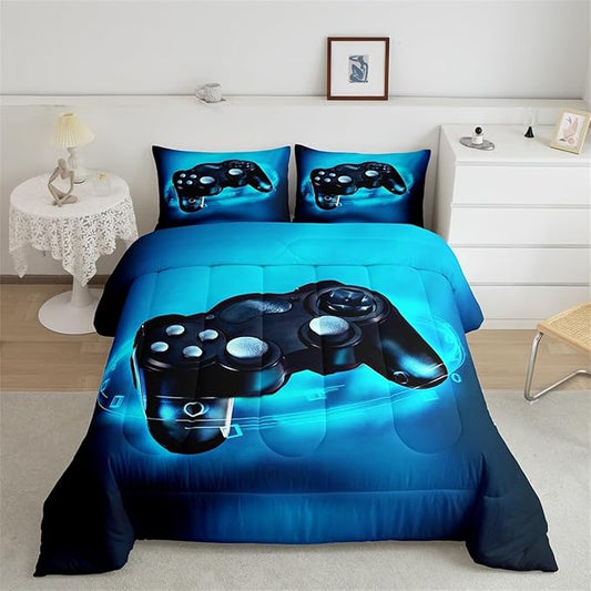 Feelyou Gamer Bedding Set for Boys Toddler Size Comforter Set Kids Gaming Comforter Blue Gamer Room Decor Video Game Gamepad Bed Set Teens Teenage Bedding Soft Warm 1 Comforter with 1 Pillowcases