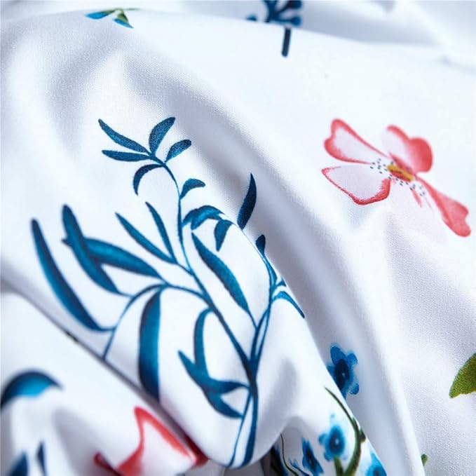 feelyou Floral Duvet Cover Set Queen Vivid Flowers Bedding Set for Kids Girls Teens Women Pastoral Plants Branches Print Quilt Cover Set Polyester White Green Comforter Cover With 2 Pillow Shams, 3Pcs