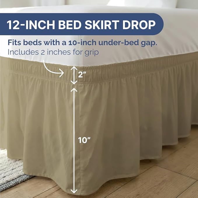 Wrap Around Dust Ruffle Bed Skirt - Khaki - for Full Size Beds w/ 12 Inch Drop - Easy Fit Elastic Strap - Adjustable Pleated Bedskirt w/Brushed Fabric - Wrinkle Free - for Women, Men, Kids & Teens