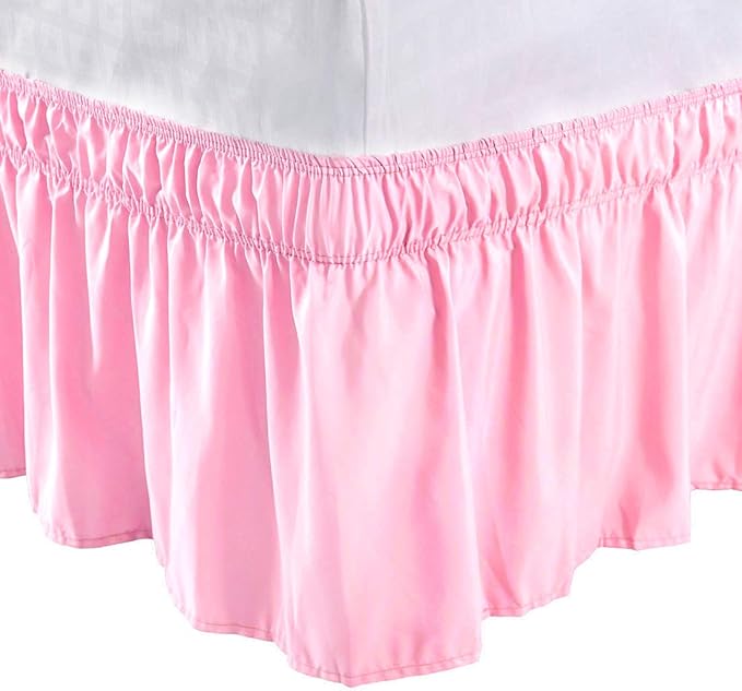 Bed Skirt - Wrap Around Bed Skirts Elastic Dust Ruffles, Easy Fit Wrinkle and Fade Resistant Luxurious Fabric Solid Color, Pink Twin XXL Size Beds 15 Inch Drop