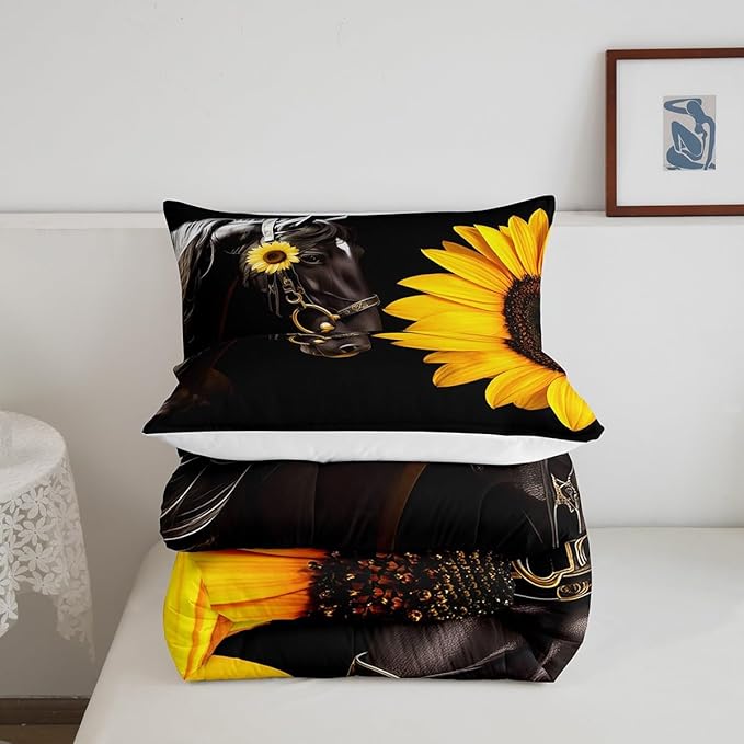 Erosebridal Horse Comforter Set King,Sunflower Horse Bedding Set for Boys Girls Teens Adults,Western Cowboy Farmhouse Down Comforter Farm Animal Quilt Duvet Sets Bedroom Decor 2 Pillow Cases Black