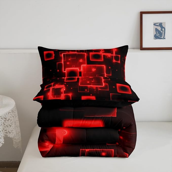 Feelyou Queen Size Red Black Bedding Set Light Honeycomb Comforter Set Abstract Geometric Comforter for Kids Boys Girls Geometrics Duvet Insert Kids Bedroom Decor 3Pcs
