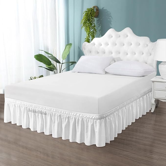 Wrap Around Bed Skirt 12" Inch Drop 100% MicrofibreFabric 1-Piece Bed Skirt Easy Fit Easy Care Fade & Wrinkle Resistant - Queen Size (60"X80"), White