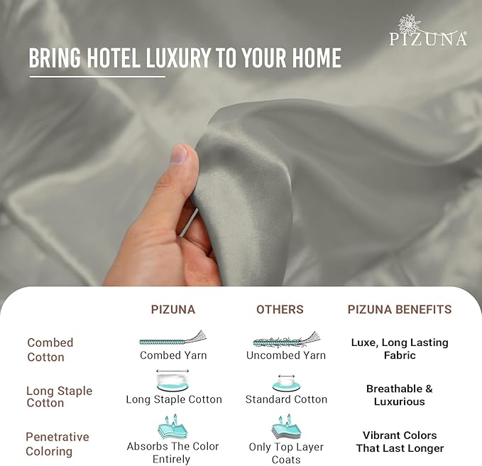 Pizuna Pure 100% Cotton Sheet Set Twin, Luxurious 400 Thread Count Long Staple Cotton Sateen Sheets Twin with 15" Deep Pocket (Silver)