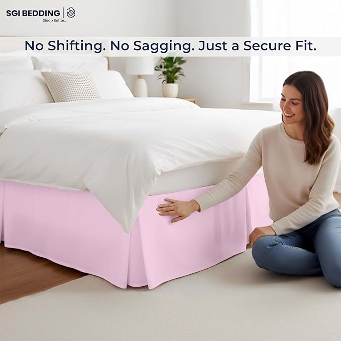 SGI bedding 15 inch Drop Bed Skirt Cal King Size Platform Style with Secure Fit, Classic Tailored Look, Elegant Pleated Style Dust Ruffle, Split Corners, Wrinkle Resistant Microfiber - Pink