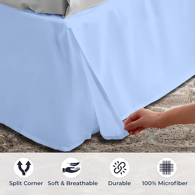 SGI bedding 14 inch Drop Bed Skirt King Size - Platform Style with Secure Fit, Classic Tailored Look, Elegant Pleated Style Dust Ruffle, Split Corners, Wrinkle Resistant Microfiber - Light Blue