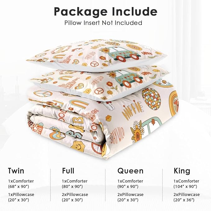 Queen Size Comforter Set with 2 Pillowcases, Retro 70S Funny Hippie Psychedelic Soft 3 Pcs Bedding Set for Kids and Adults Bedroom Bed Decor