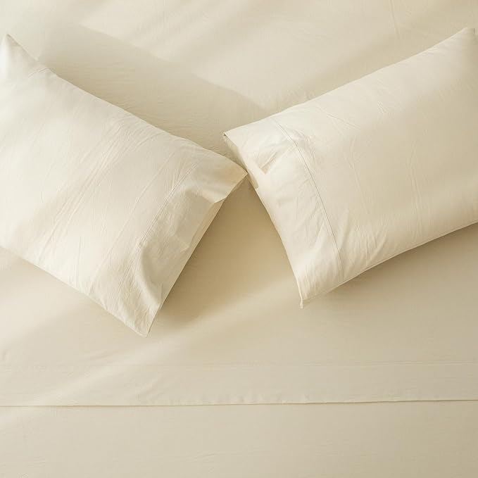 JIYUAN 100% Washed Cotton Sheet Set 4 Pieces Cal King,1 Fitted Sheet,1 Flat Sheet and 2 Pillowcases,Comfy and Breathable Linen Like Bedding Set,Heathered Beige