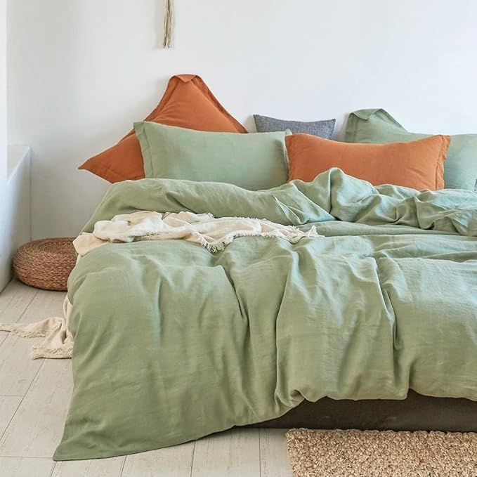 Simple&Opulence 100% Linen Duvet Cover Set 3pcs Natural French Basic Style Washed Flax Solid Color Breathable Soft Farmhouse Bedding with Button Closure (Sage Green, Full)