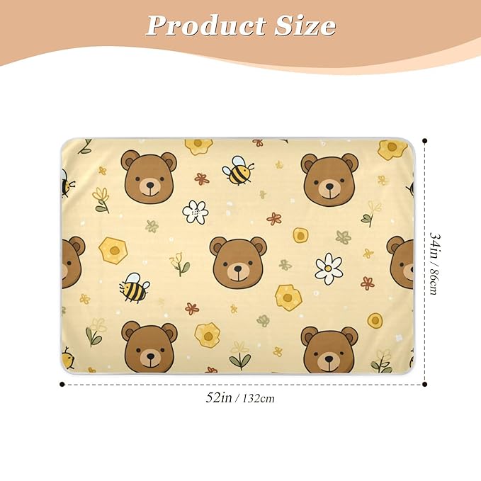 Waterproof Bed Pad Reusable Changing Pad Toddler Mattress Protector Large Pee Pad Baby Diaper Pad Soft Washable Liner Brown Bear Bees Honey Yellow