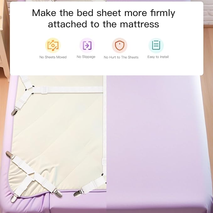 EasYoung 12PCS Bed Sheet Straps, Secure & Adjustable Fitted Sheet Holders for Full, Queen, King & More, Heavy Duty Nylon & Metal Clips