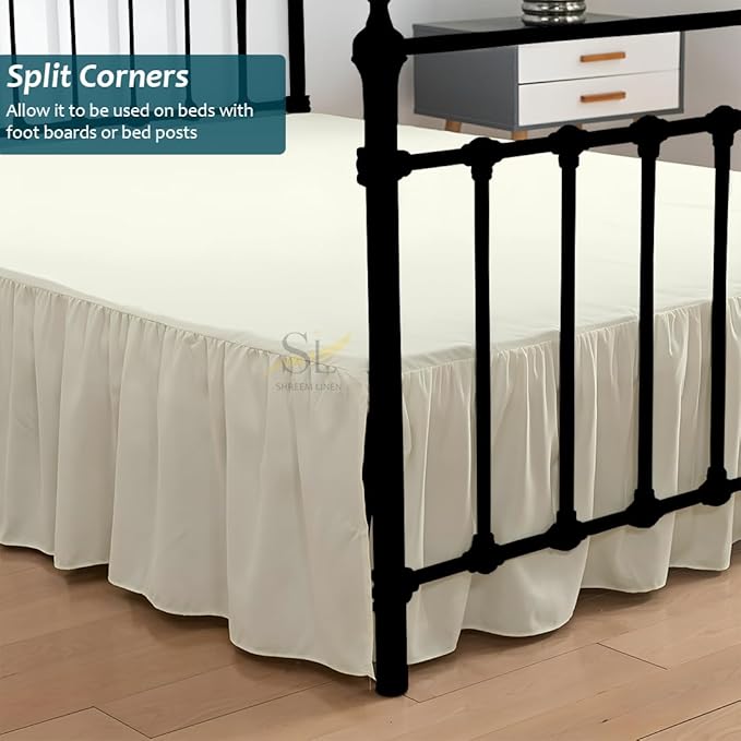 Shreem Linen Ruffled Bed Skirt with Split Corners, Gathered Style, 100% Microfiber, 16-Inch Drop, Dust Ruffle Bedskirt with Platform, Cal-King, Ivory