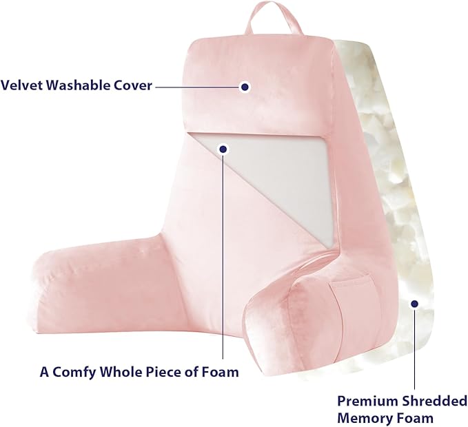Back Pillow for Bed Sitting up, Reading Pillow for Sitting in Bed Adult, Back Support Pillow, Memory Foam Sit up Lounge Backrest Pillow with Arms for TV, Couch, Chair, Dorm, 24 Inch, Pink