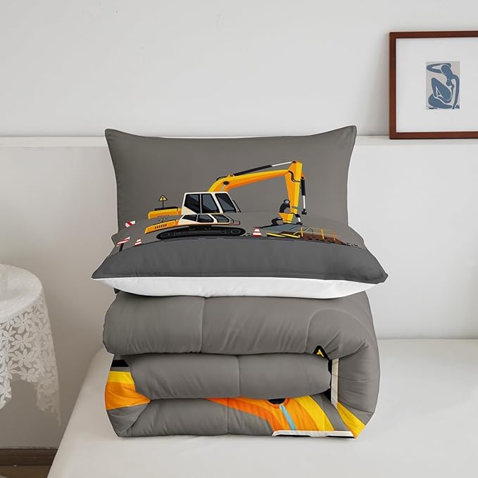 Feelyou Excavator Comforter Set Boys Cute Vehicles Truck Car Print Bedding Set Kids Cartoon Machinery Cars Comforter for Teens Room Decor Construction Site Duvet Set King Size Boys