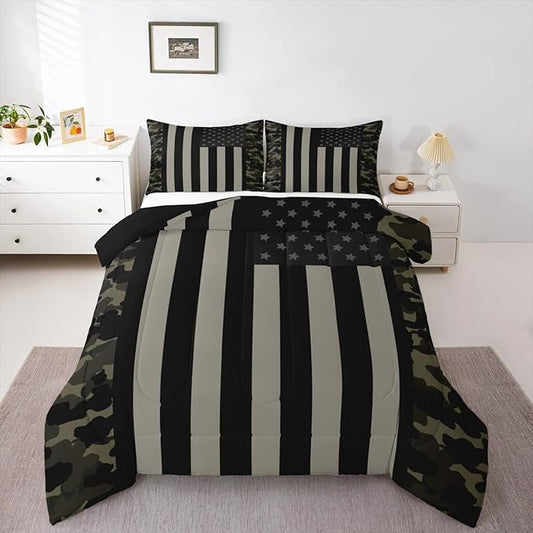 American Flag Comforter Set King Military Camo Down Comforter,Retro Army Green Camouflage USA Flag Bedding Set for Kids Boys Teens Men Bedroom,Black Grey Stars Stripes Quilt Duvet Set 2 Pillow Cases