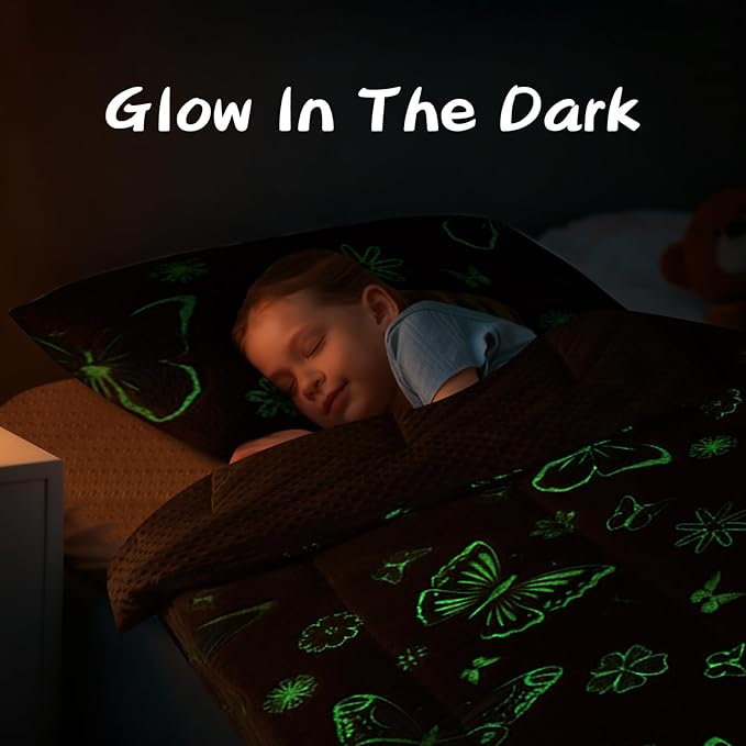 A Nice Night Colorful Butterfy Plush Zippered Comforter Set,Zipper Bedding Glow in The Dark for Child, Twin