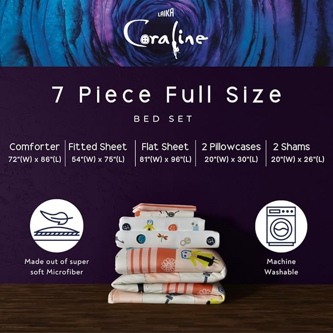 Coraline Kids Bedding Super Soft & Cozy Reversible Microfiber Comforter and Sheet Set with Sham, 7 Piece Full Size, (Officially Licensed Product) by Franco