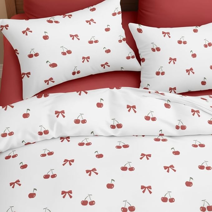 Nayoroom Red Cherry Duvet Cover Queen Size Cute Bow Duvet Cover 3 Pieces Soft Lightweight Microfiber Girls Aesthetic Dorm Bedding Set with Zipper Closure