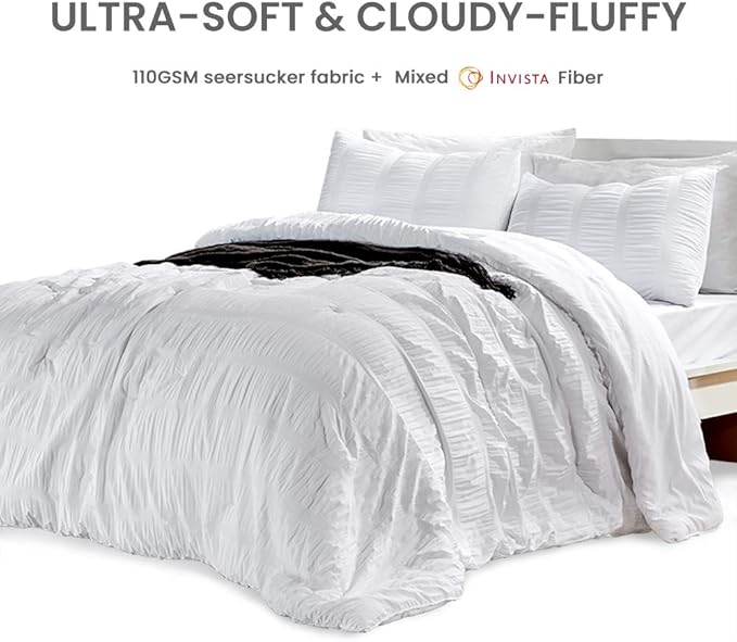 SLEEP ZONE Luxury Seersucker King Size Comforter Set 3-Piece, Soft & Lightweight Down Alternative Duvet Insert with Pillow Sham Cooling for Summer, White