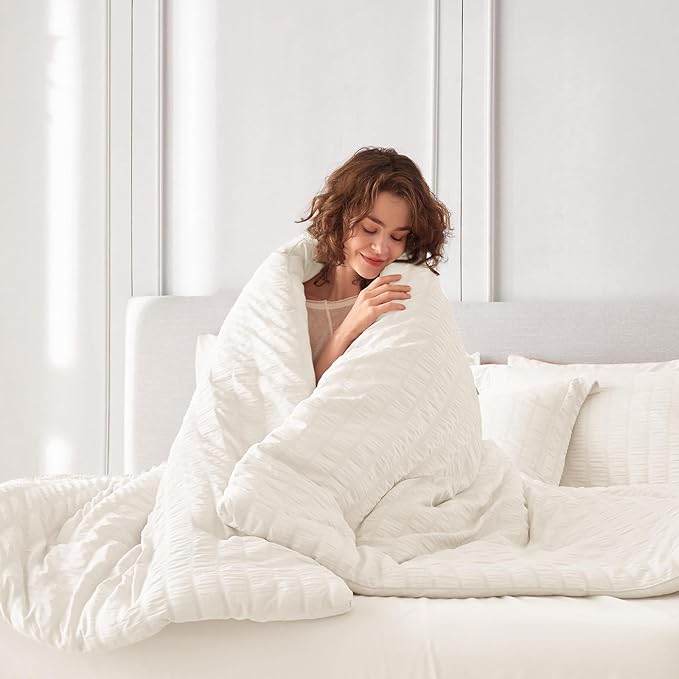 MUXHOMO 7 Pieces Queen Comforter Set, Seersucker Bed in a Bag Queen Size, All Season Luxury Bedding Set with Comforter, Flat Sheet, Fitted Sheet, Pillowcases & Shams, Ivory